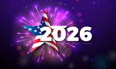 Naklejka premium 2026 Happy New Year Greeting Card Design with American Flag and Fireworks on Shiny Night Sky Background. New Year Celebration Holiday Design with Christmas Ornaments for Flyer, Banner, Poster, Party