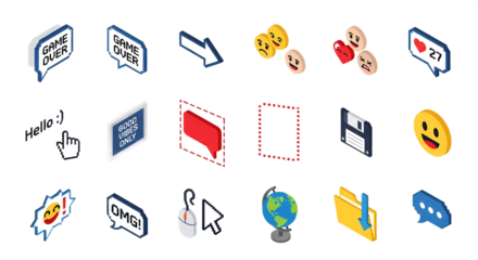Isometric Social Media Icon Set Game Over Emojis Mouse Globe and Other UI Elements