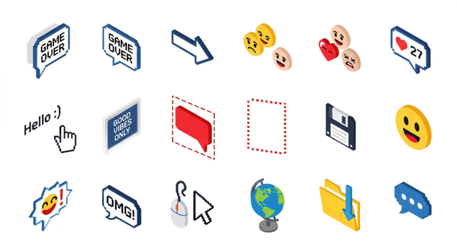 Isometric Social Media Icon Set Game Over Emojis Mouse Globe and Other UI Elements