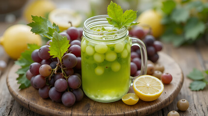 A glass jar filled with vibrant green grape juice sits on a wooden plate alongside fresh grapes and lemon slices, enhancing natural beauty