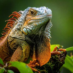 Close-up of a vividly colored reptile with an intense gaze