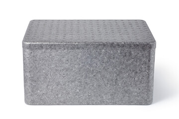 gray styrofoam box with lid on white background