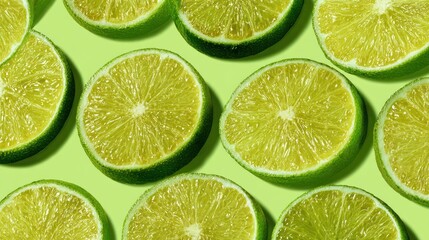 Overhead shot showing slices of fresh, vibrant green citrus fruit arranged on a lime-green background