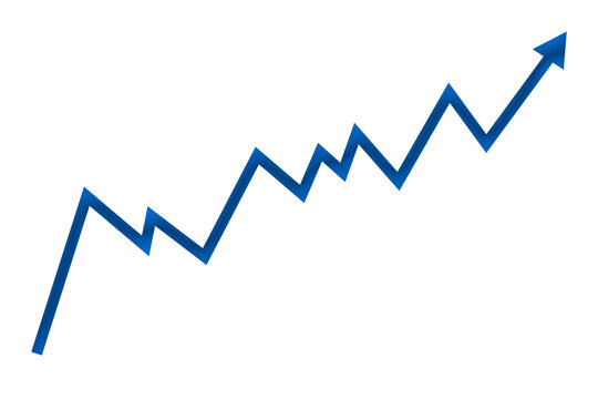 Dark blue line graph going upward with an arrow isolated on transparent background  for growth templates
