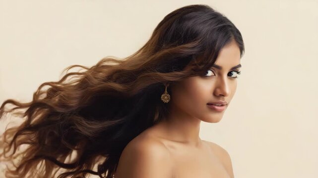 Female model with long, wavy hair styled elegantly. A portrait shot capturing a sultry expression against an artistic background.