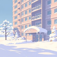 Obraz premium Residential building with snow covered trees and bushes. Winter landscape with apartment block and icicles. Cold season urban scene.