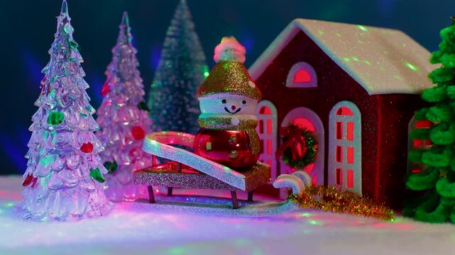 Near the red house there are many colorful Christmas trees and a snowman on a sled