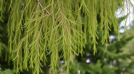 Larch, a tree with thin flexible shoots hanging down strongly, adds picturesqueness to a green, coniferous plant