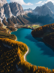 Aerial drone view of Lake Briers Pragser Wildsee Dolomites South Tyrol Italy. Autumn mountain landscape. High quality 4k footage