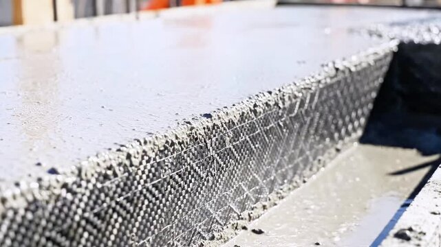 Close-up of concrete being poured onto a rebar grid, showing the wet, textured surface