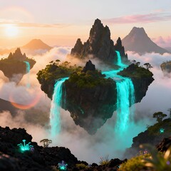 Floating Mountains with Glowing Waterfalls at Sunrise