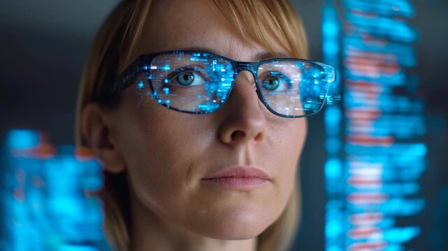 Frau mit einer Datenbrille f&uuml;r k&uuml;nstliche Intelligenz, Generative AI