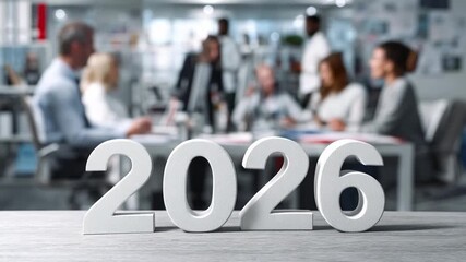 Colleagues gather in an energetic office to celebrate the arrival of 2026. Decorations fill the space as they exchange wishes for a happy new year and enjoy special treats