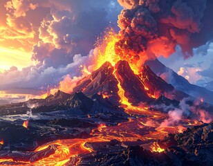 A volcanic eruption erupting lava down a mountain, illuminated by fiery hues, with a cloudy sky overhead