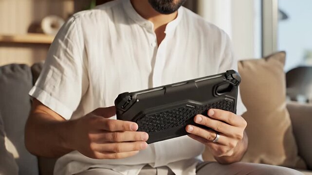 A person holding a laptop computer while sitting on a sofa in a cozy living room setting during daytime
