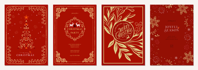 Luxury Corporate Holiday cards with Christmas tree, reindeers, birds, ornate floral frames, background and copy space. For graphic and web design, social media banner.