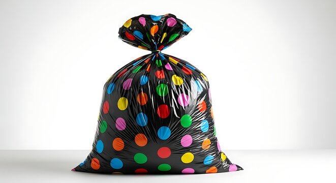 Single Black Garbage Bag with Vibrant Polka Dots on White Background trash bag black bag