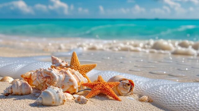 Muscheln und Seesterne am Strand, Generative KI