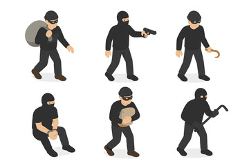 Isometric characters performing various criminal activities with tools and stolen items