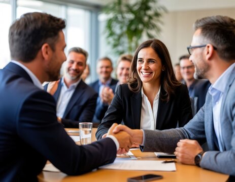 colleagues shaking hands at a meeting in the office while sitting at a table.