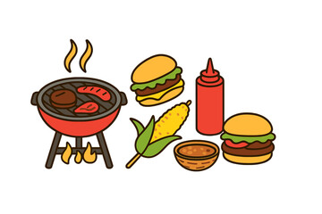 Assorted barbecue food items and cooking grill set