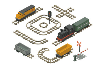 Isometric toy train set elements featuring tracks and railway crossing components © icon_art