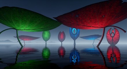 Futuristic Bioluminescent Structures Over a Tranquil Alien Lake.