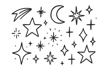 Hand drawn collection of celestial elements featuring stars, moon, and comet