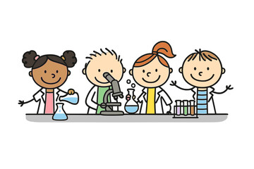 Happy diverse children in lab coats conducting chemistry experiments with glassware