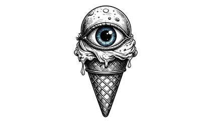 A surreal illustration depicts a single ice cream cone. The ice cream itself is a giant eyeball with a blue iris and a detailed, textured surface