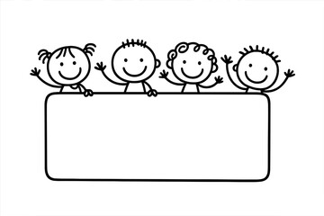 Happy stick figure children waving above blank rectangular sign