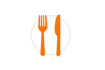 Orange fork and knife icons on white plate outline design