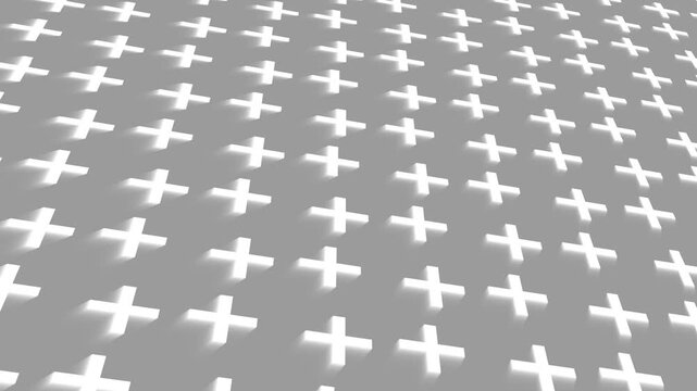 White 3d glowing plus symbol pattern with soft shadows on a seamless geometric loop gray background