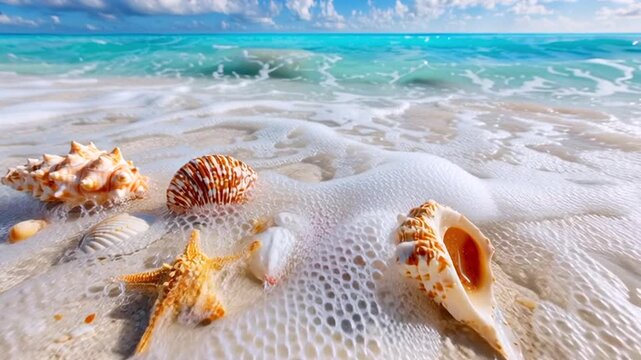 Muscheln und Seesterne am Strand, Generative KI