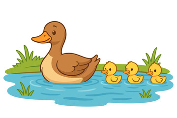 Mother duck swimming with three cute ducklings in water