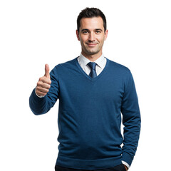 Fototapeta premium Confident businessman gives thumbs up gesture of approval and success isolated on transparent background