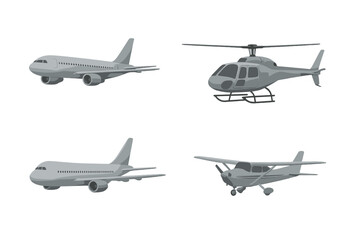 Set of gray icons representing various types of aircraft including jet and helicopter