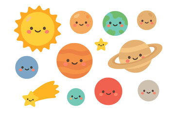 Smiling solar system planets and celestial bodies cartoon set