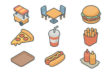 Isometric set of popular fast food icons including burger, pizza, and drink