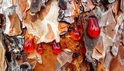 Close-up of tree bark with vibrant, amber-colored resin droplets