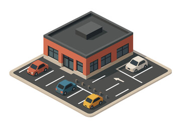 Obraz premium Isometric commercial structure with small parking area and automobiles