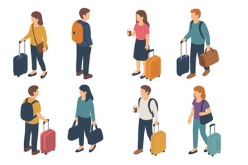 Isometric diverse travelers with luggage and coffee cups collection