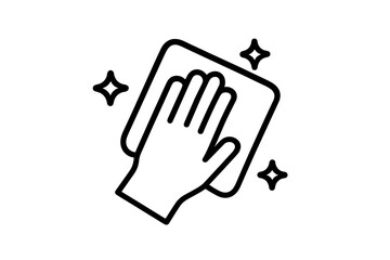 Hand wiping surface with cloth and sparkle effect outline icon