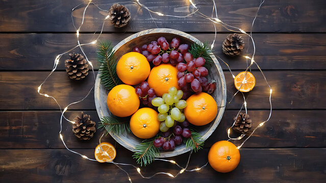 Festive fruit bowl with oranges, grapes, pine cones, and string lights on a wooden table