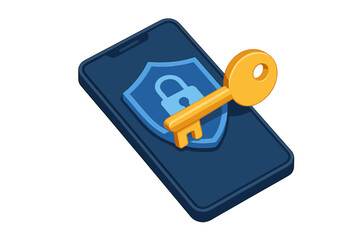 Isometric smartphone security concept featuring golden key and shield icon