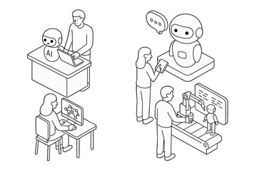 Isometric concept of artificial intelligence development and robotics integration