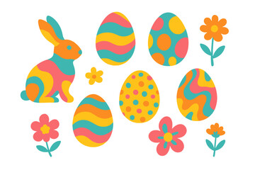 Vibrant Easter bunny and decorated eggs with spring flowers arrangement