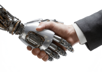 Human Hand Shaking Robotic Hand in Business Agreement in White Background
