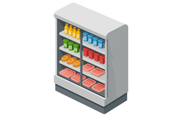 Isometric refrigerated display case stocked with packaged groceries and beverages