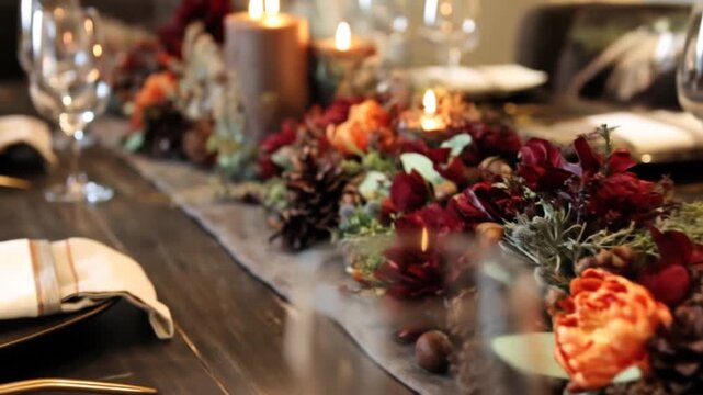 Elegant table setting with candles and floral arrangement for events